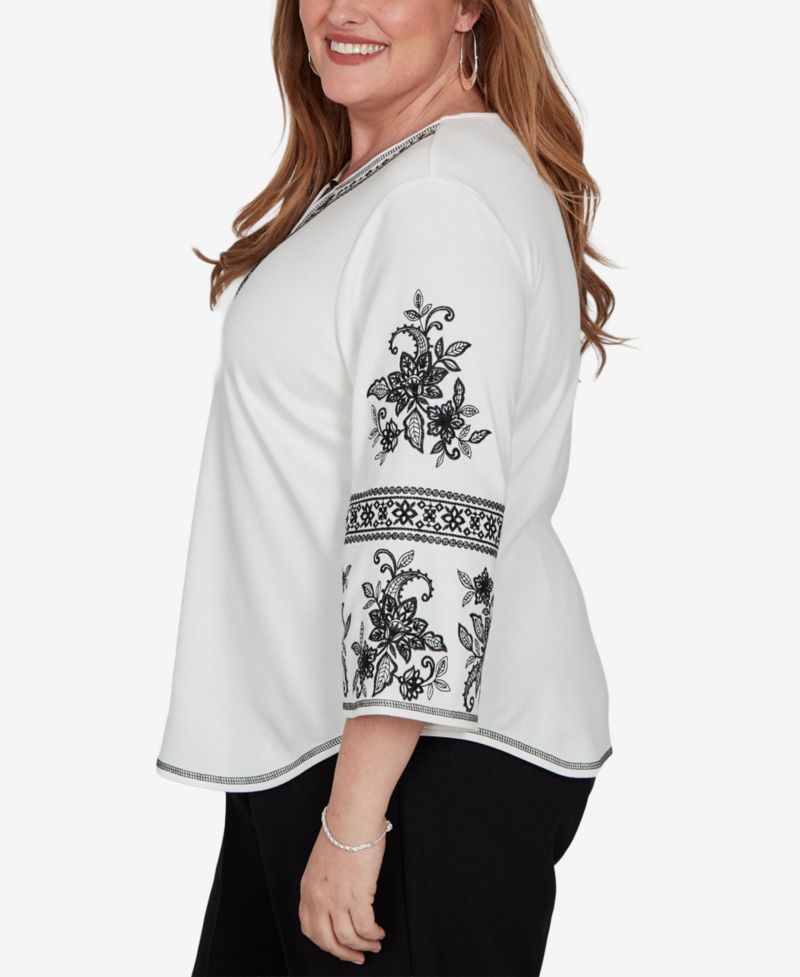 Plus Size 3/4-Sleeve Keyhole Neck Cotton-Blend Blouse