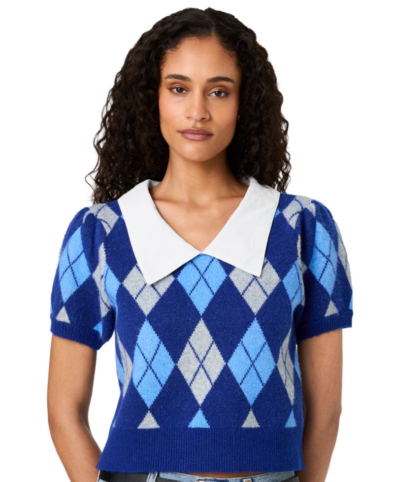 Women's Koda Puff-Sleeve Argyle-Jacquard Collared Top