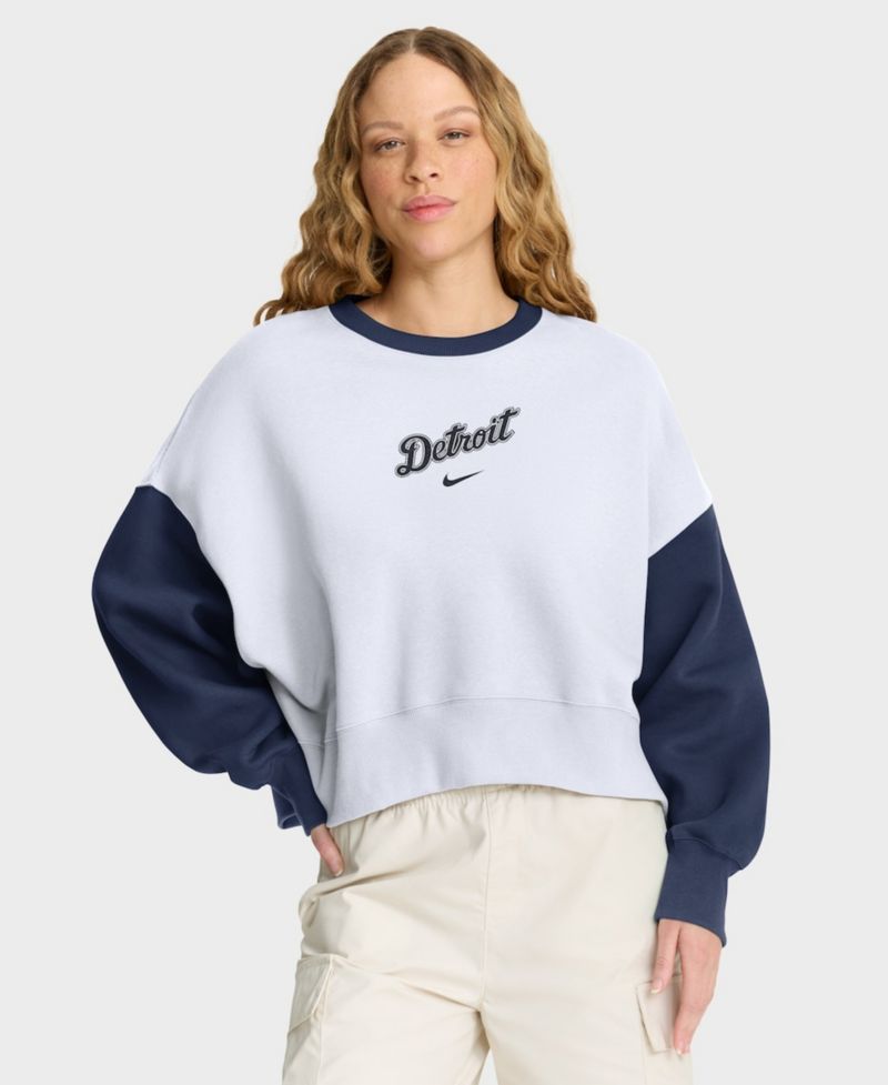 Women's White/Navy Detroit Tigers Oversized High Hip Fleece Sweatshirt