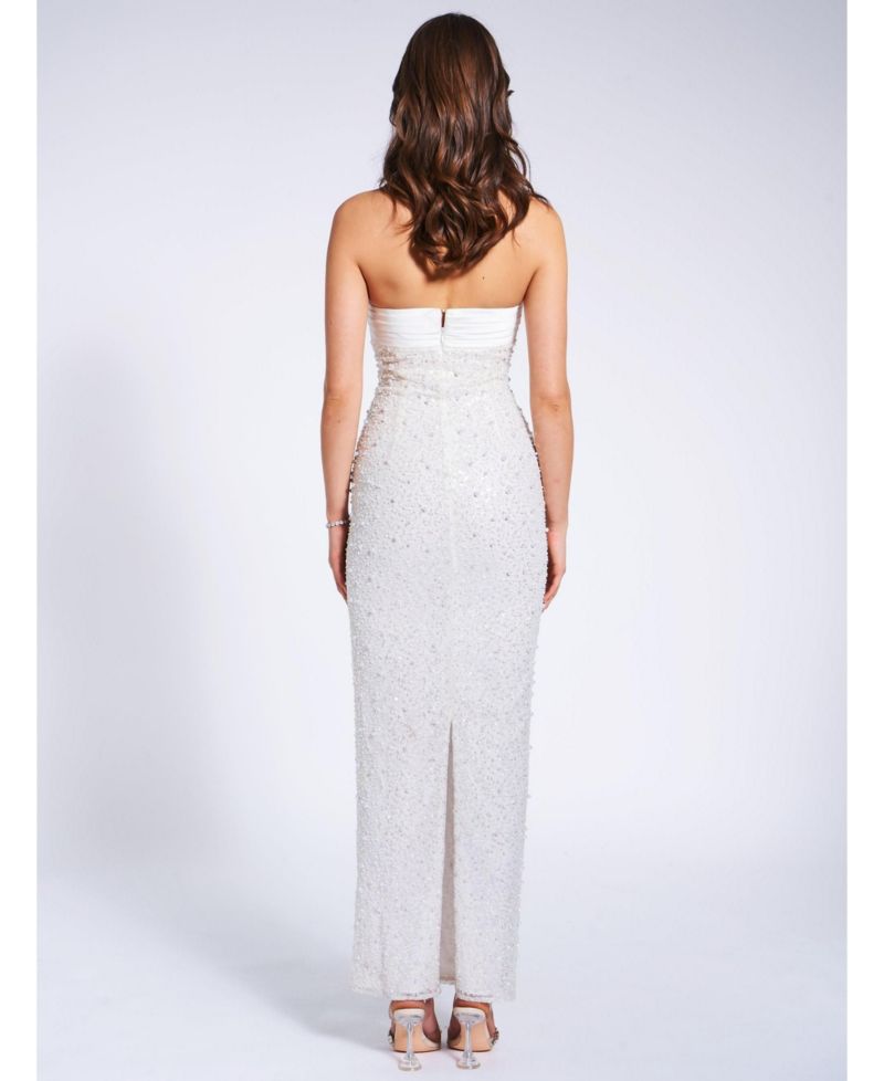 Women's Lainey White Satin Sequin Pearls Beaded Maxi Dress