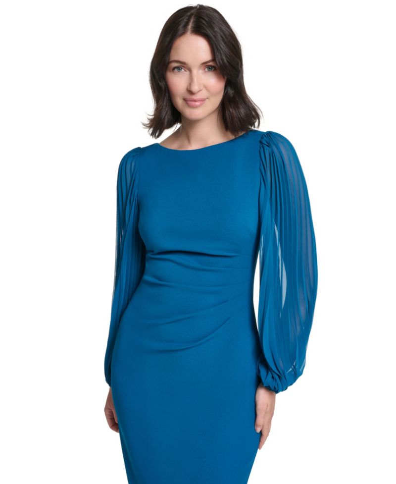 Women's Pleated Sleeve Sheath Boat Neck Dress