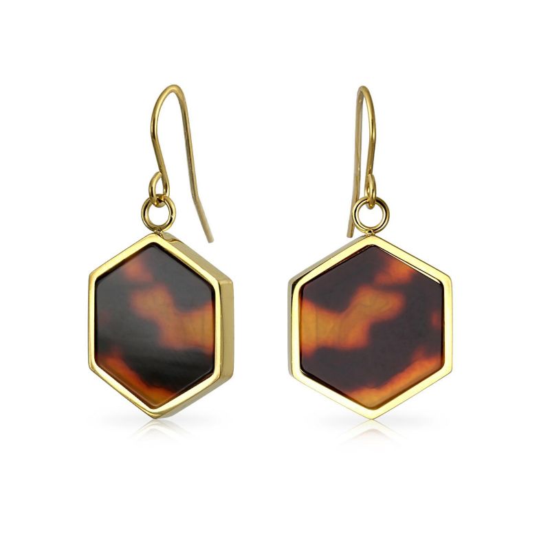 Hexagon Shape Faux Brown Tortoise-Shell Dangle Drop Earrings Gold Tone