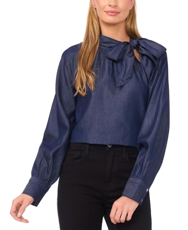 Women's Long Sleeve Tie Neck Top