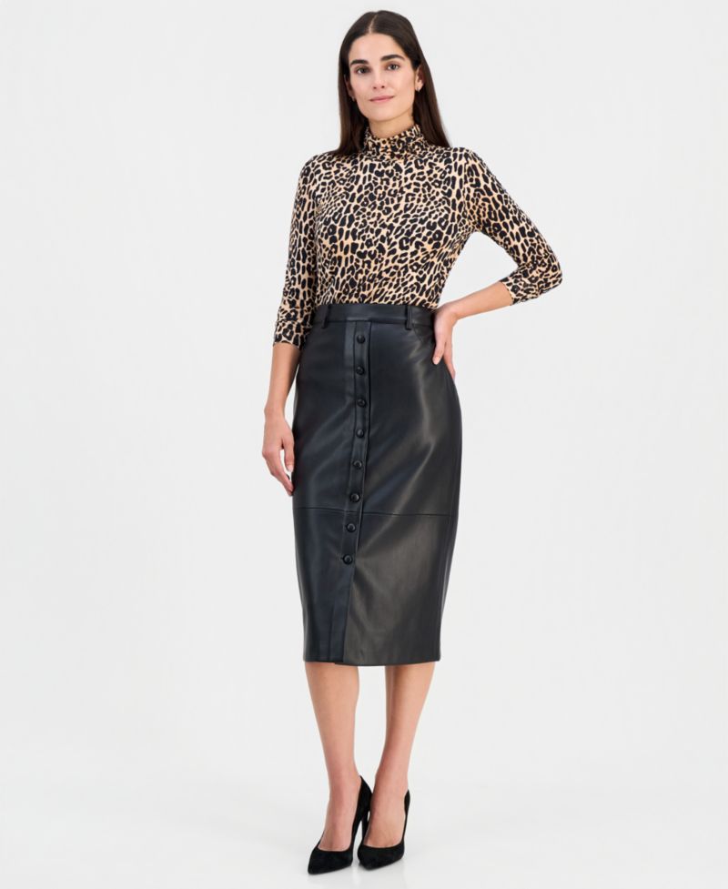 Women's Faux-Leather Button-Front Slim Skirt