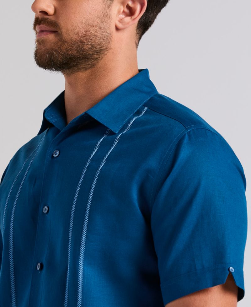 Men's Short-Sleeve Panel Button-Front Linen Camp Shirt