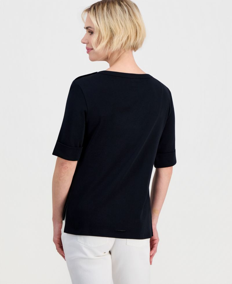 Petite Pima Cotton Boat-Neck Elbow Sleeve Top