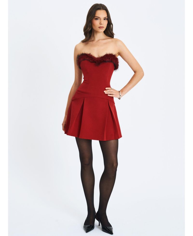 Women's Nalia Crimson Fur Trimmed Sweetheart Mini Dress