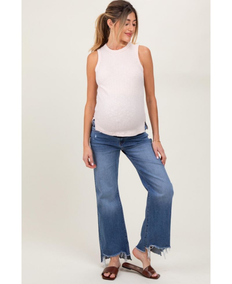 Women's Blue Distressed Fringe Hi-Lo Hem Cropped Flare Jeans