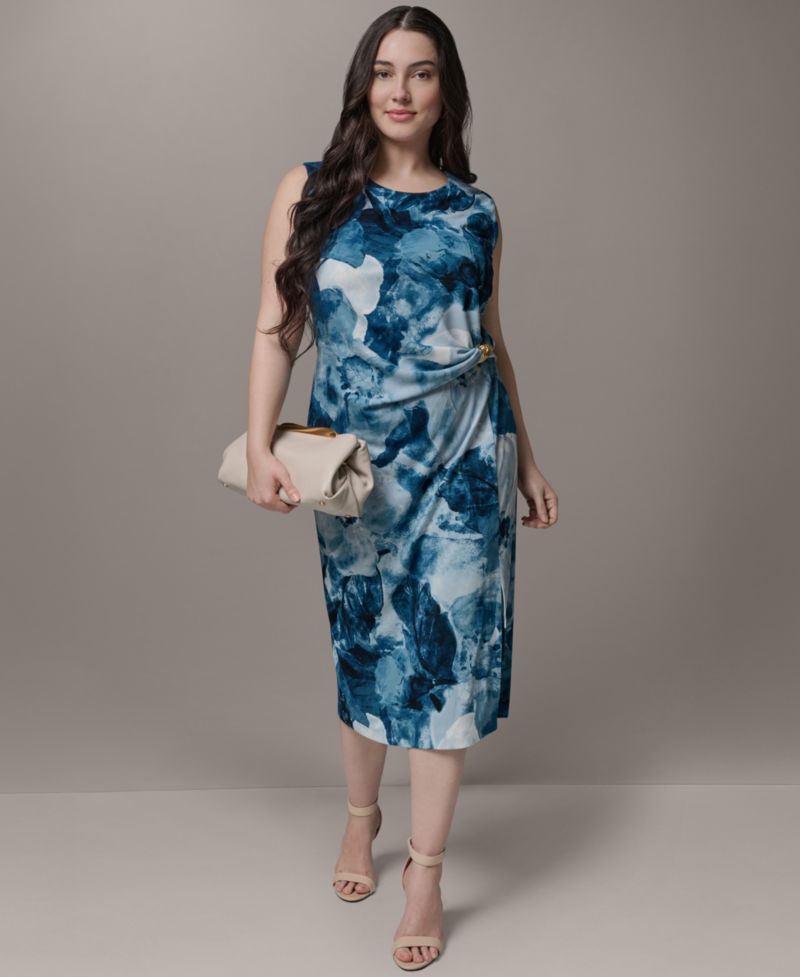 Plus Size Ribbed Knot Hardware Jewel Neck Dress