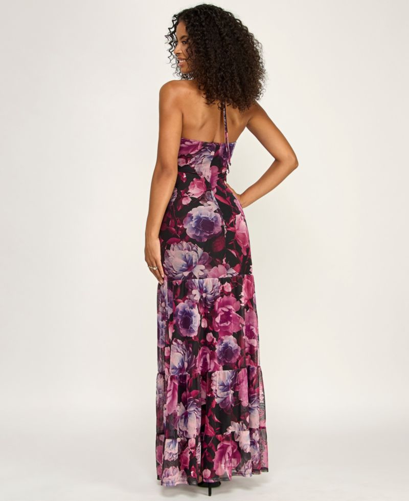 Juniors' Printed Mesh Halter Dress
