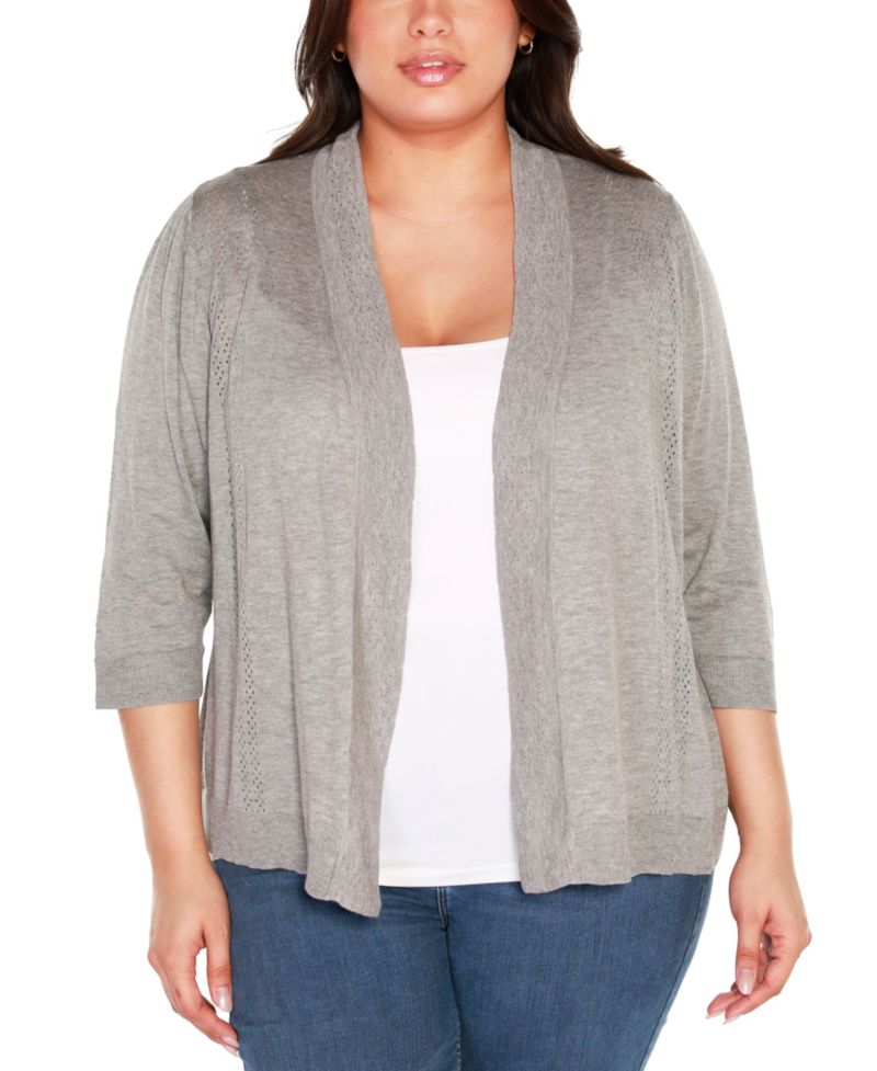 Plus Size Pointelle 3/4-Sleeve Open-Front Blend Cardigan