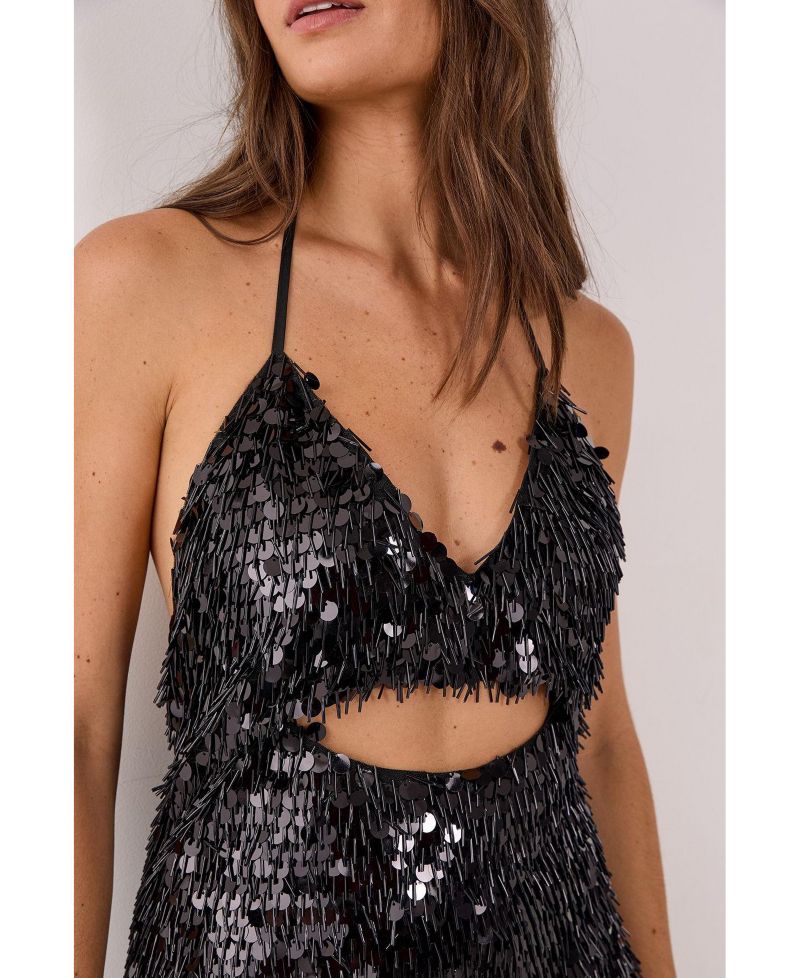 Women's Disc Tassel Halter Mini Dress
