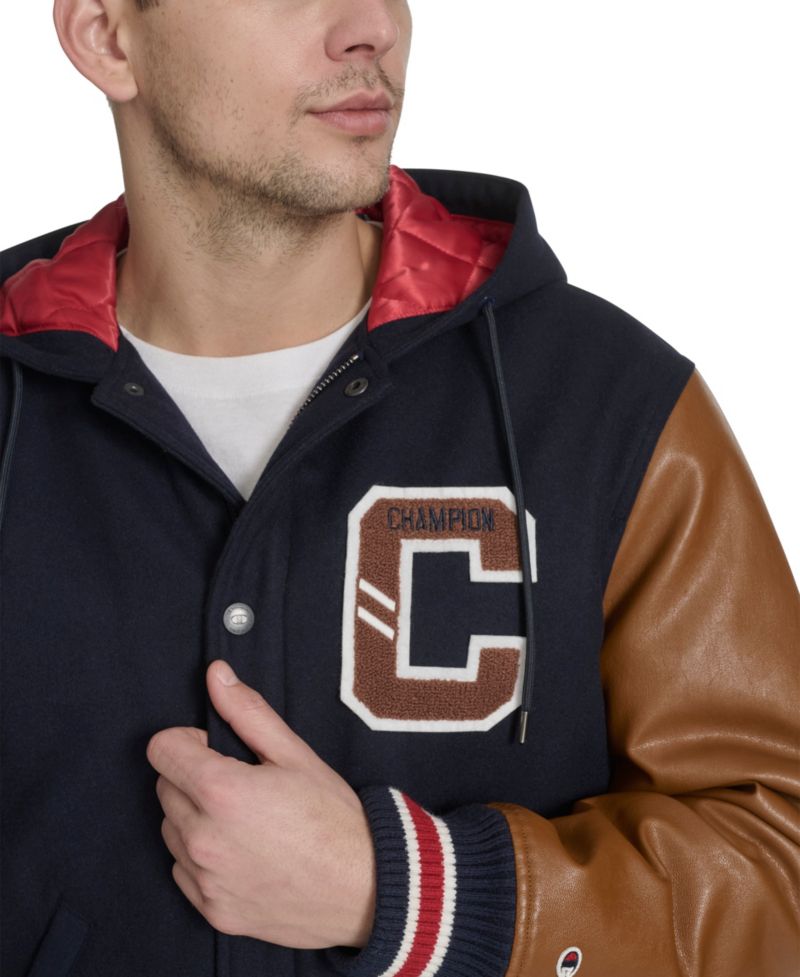 Men's Mixed Media Hooded Varsity Jacket