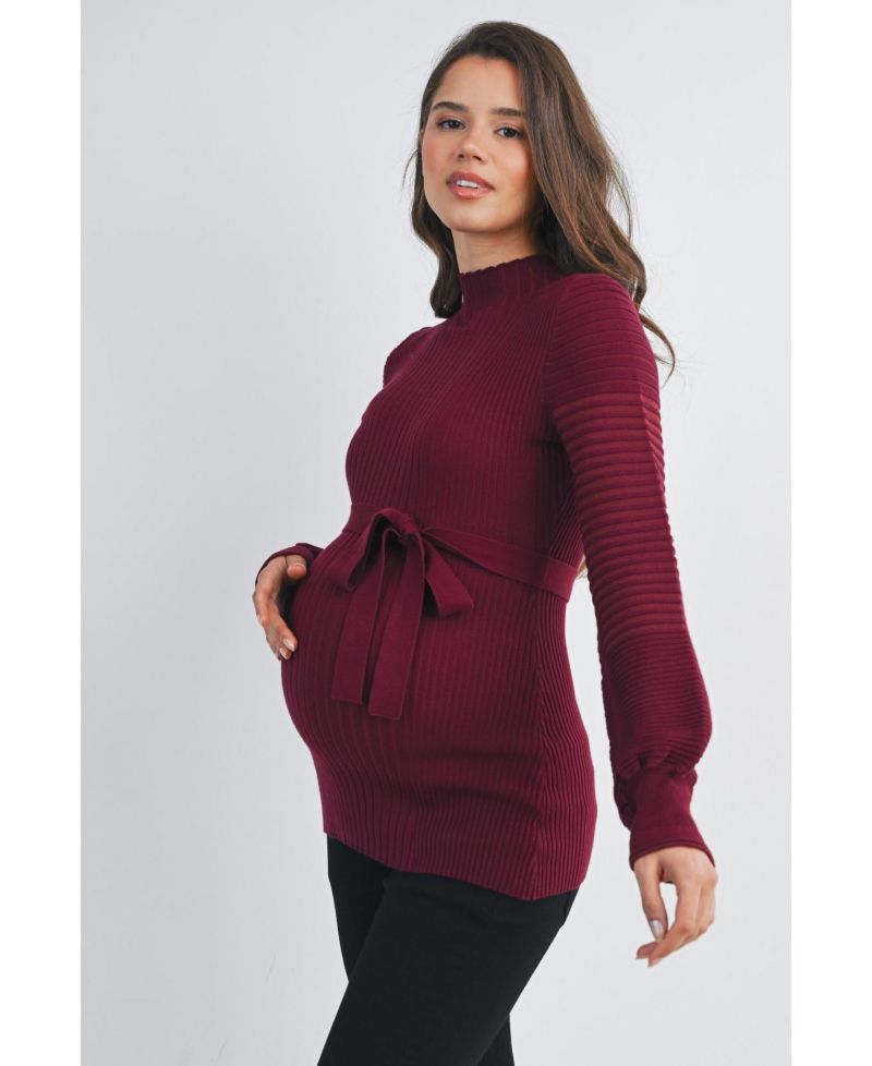 Maternity Mock Neck Long Sleeve Belted Sweater