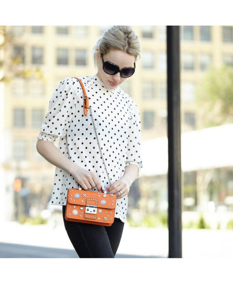 Hollywood Womens Leather Small Top Handle Purse Studded Mini Crossbody Bag Structured with Buckle Closure