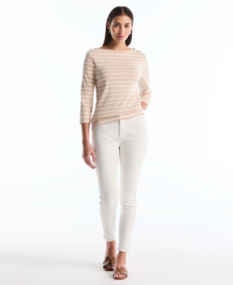Petite Stripe Button Detail Boat Neck Top