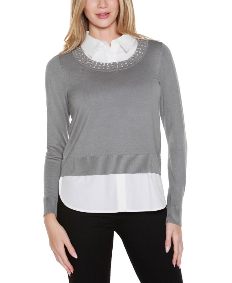 Women's Rhinestone-Neckline Two-Fer Sweater