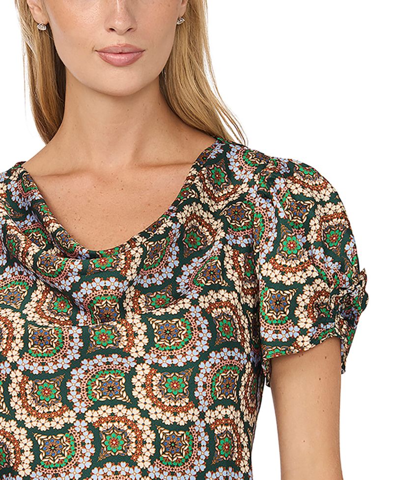 Women's Cowl-Neck Puff-Sleeve Bow Detail Blouse