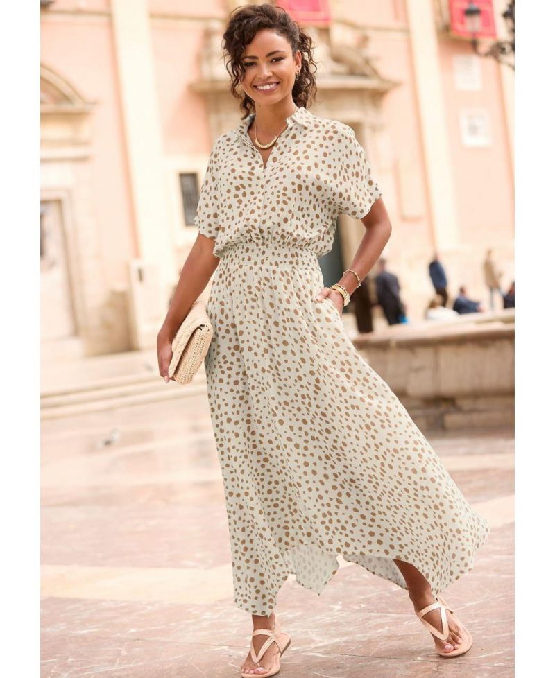 Women's Printed Shirt Collar A-Line Midi Dress