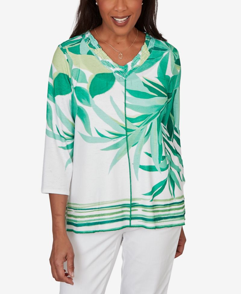 Women's Resort Living Artisan Leaf Bordered V-Neck Top