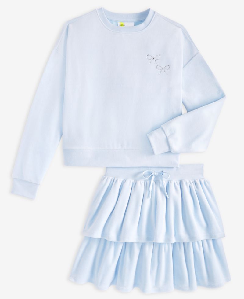 Girls' XS-XL Bow Crewneck Velour Sweatshirt and Ruffle Skirt, 2-Piece Set