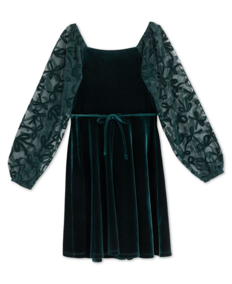 Girls' 7-16 Knee Length Long-Sleeve Square Neck Dress