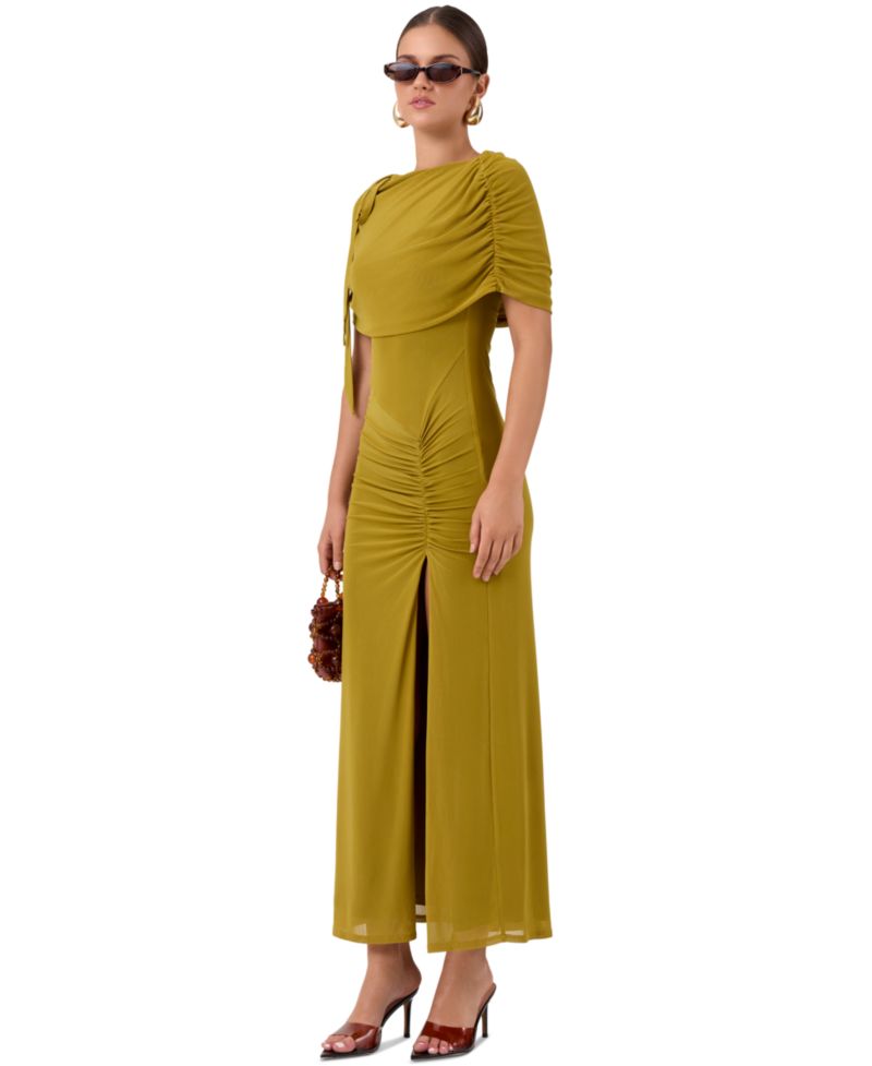 Women's Ivy Mesh Midi Dress, Off-the-Shoulder, Ruched, Front Slit