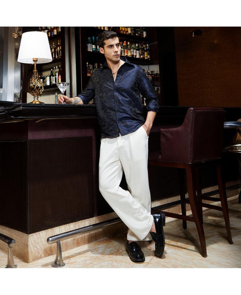 Men's Navy Blue Abstract-Woven Shirt
