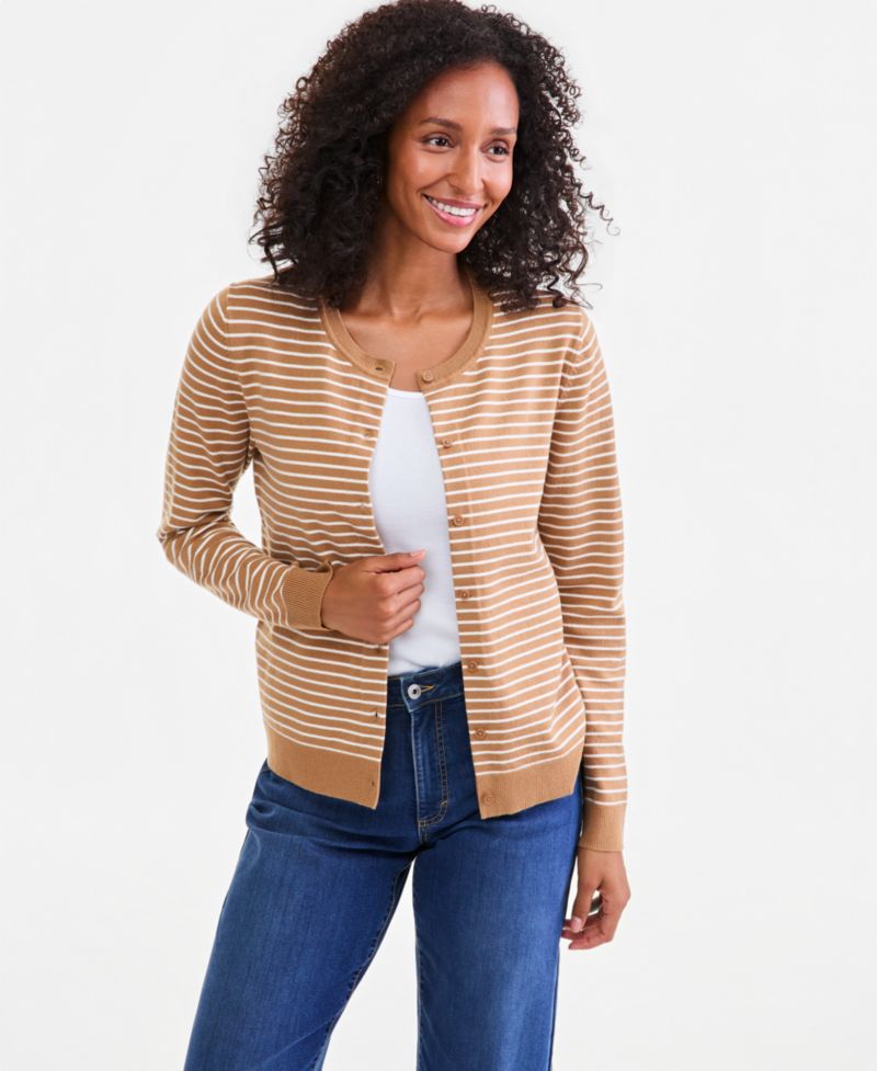 Women's Stripe Crew-Neck Button-Down Cardigan Sweater
