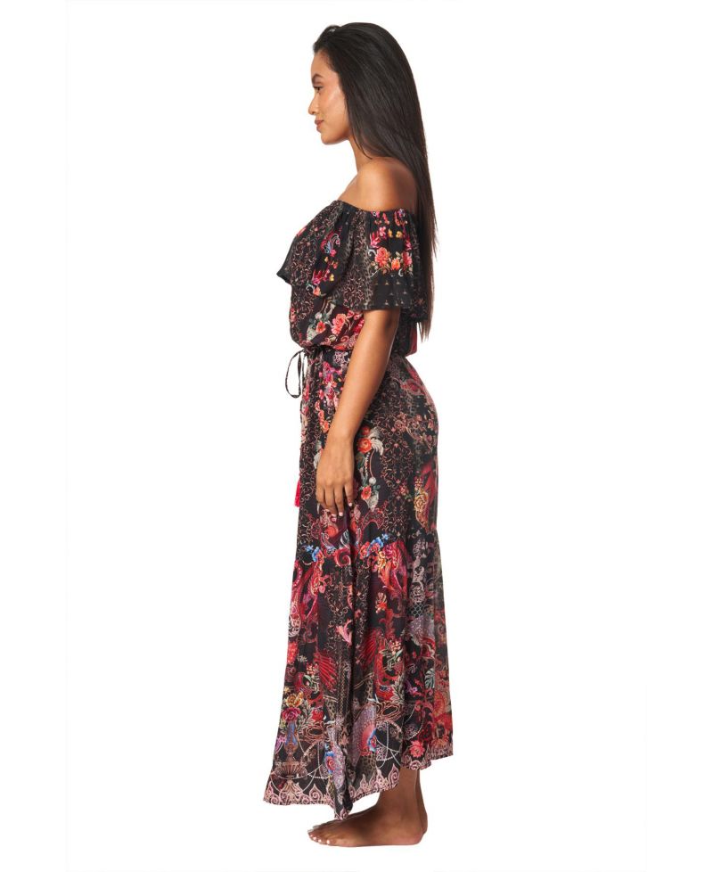 Women's Off Shoulder Cinched Waist Maxi Dress