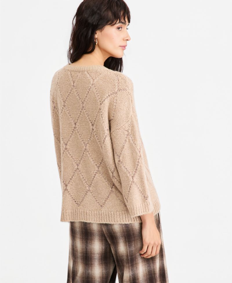 Women's Sequin-Embellished Diamond-Pattern Crewneck Sweater
