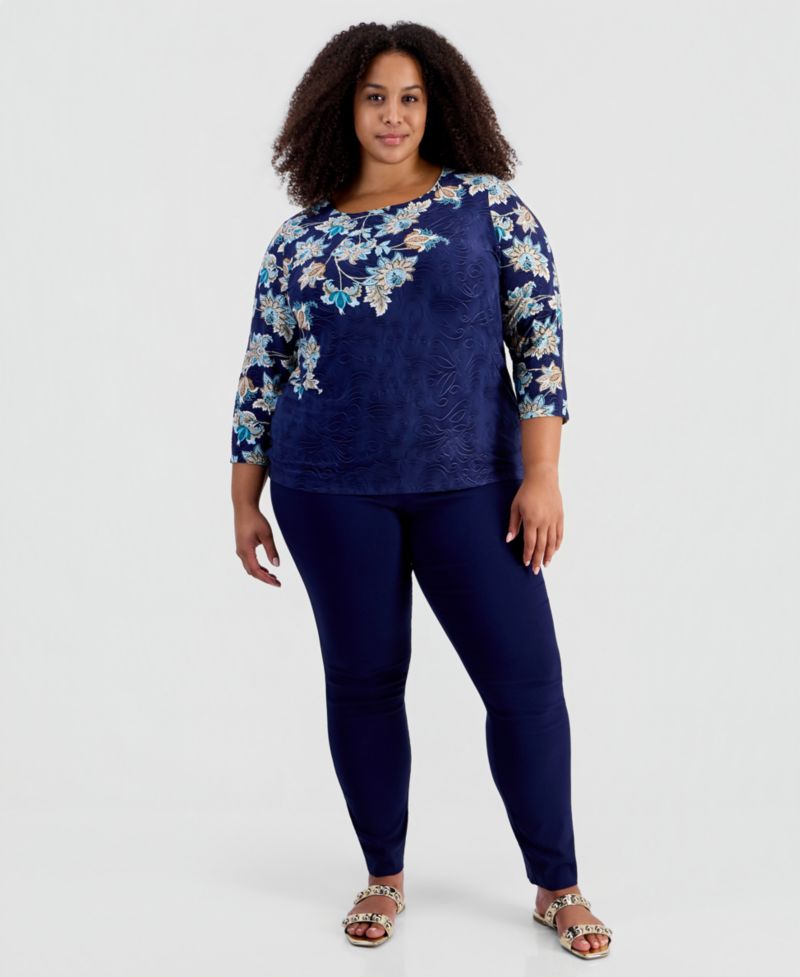 Petite 3/4-Sleeve Floral Scoop Neck T-Shirt