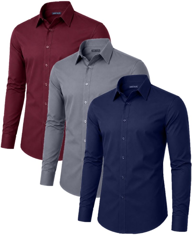 Men' Slim Fit Long Sleeve Stretch Dress Shirt-3 Pack
