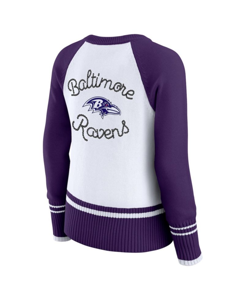 Women's White/Purple Baltimore Ravens Color block Raglan Sweater