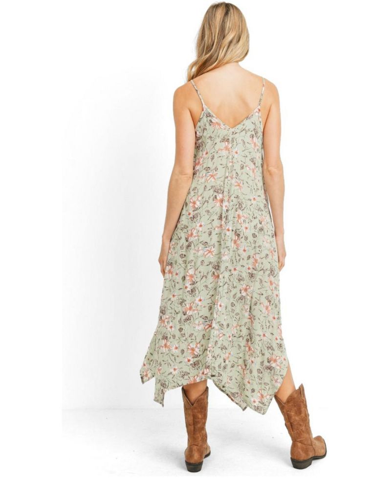 Women's Floral V-Neck Spaghetti Strap Midi Dress with Pockets