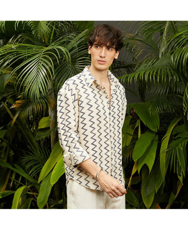 Men's Cream White Zig-Zag Knit Shirt