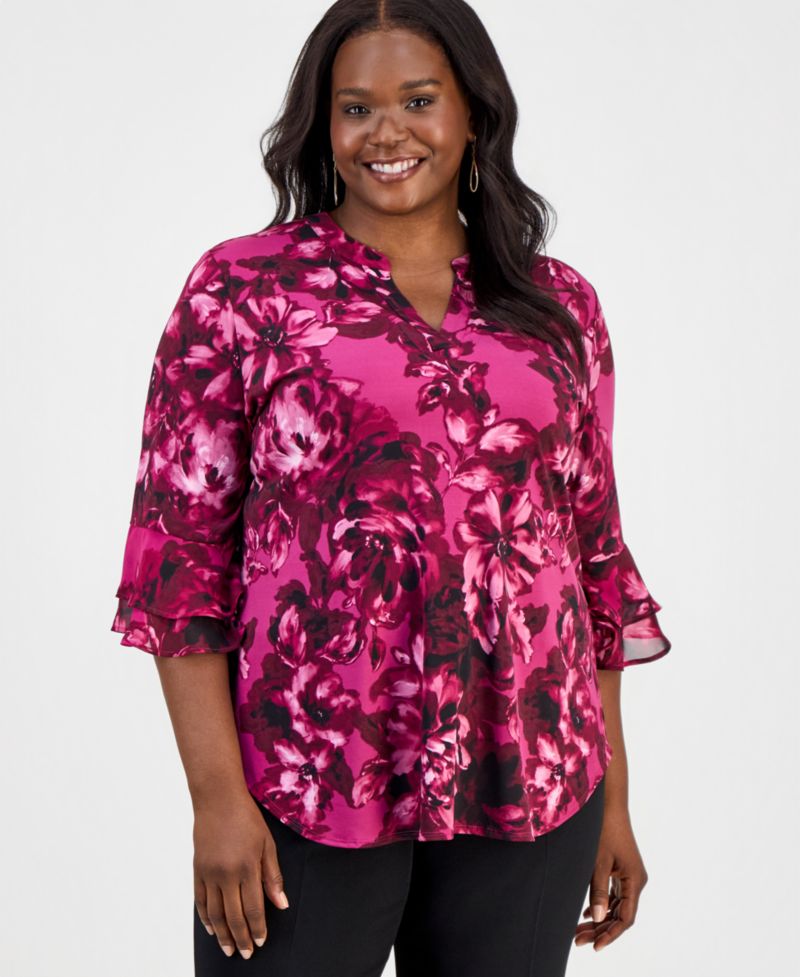 Plus Size Split-Neck Printed Flutter-Sleeve Top