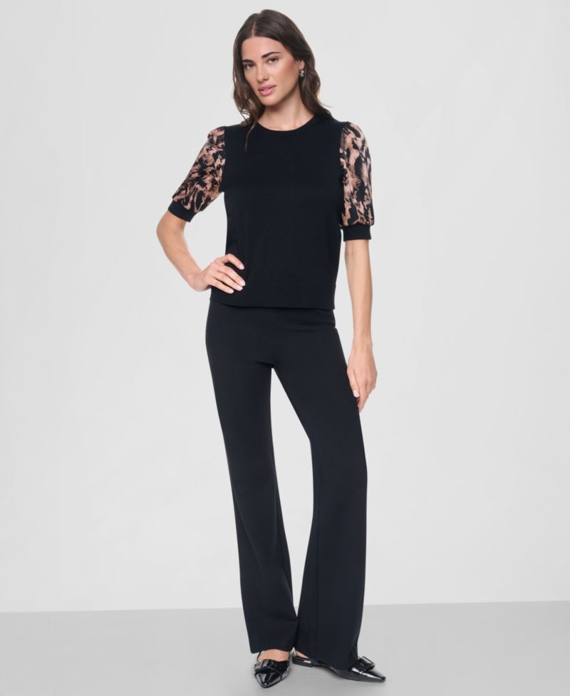 Women's Printed Twist-Sleeve Mix Media Sweater