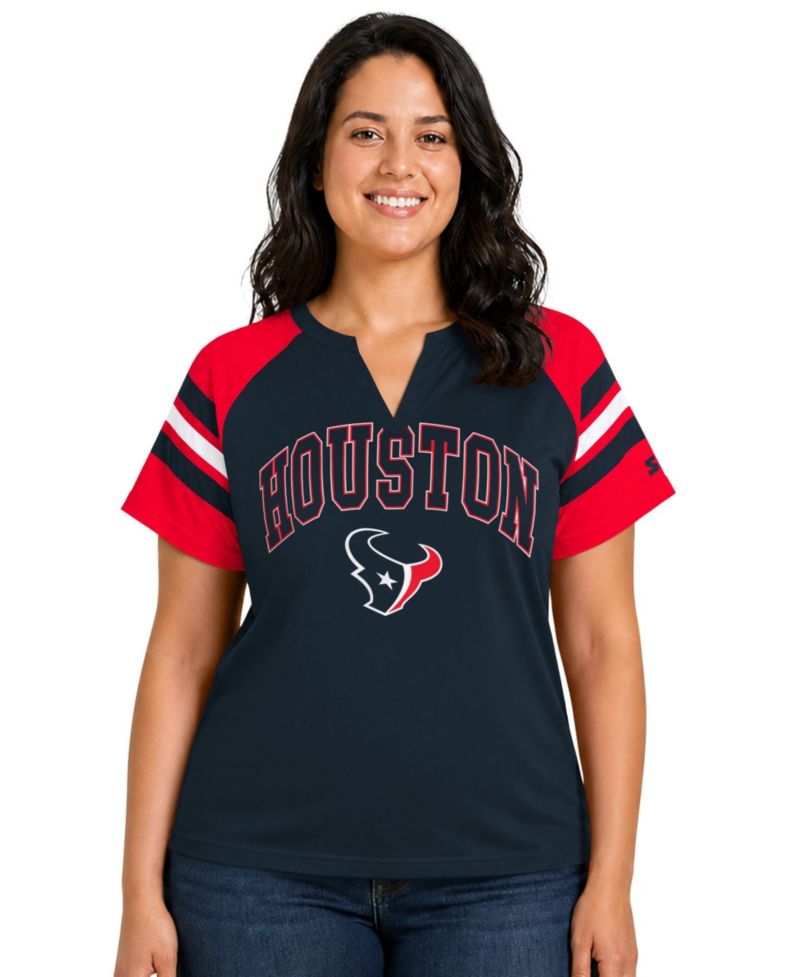 Women's Navy Houston Texans Plus Size Game On Notch Neck Raglan T-Shirt