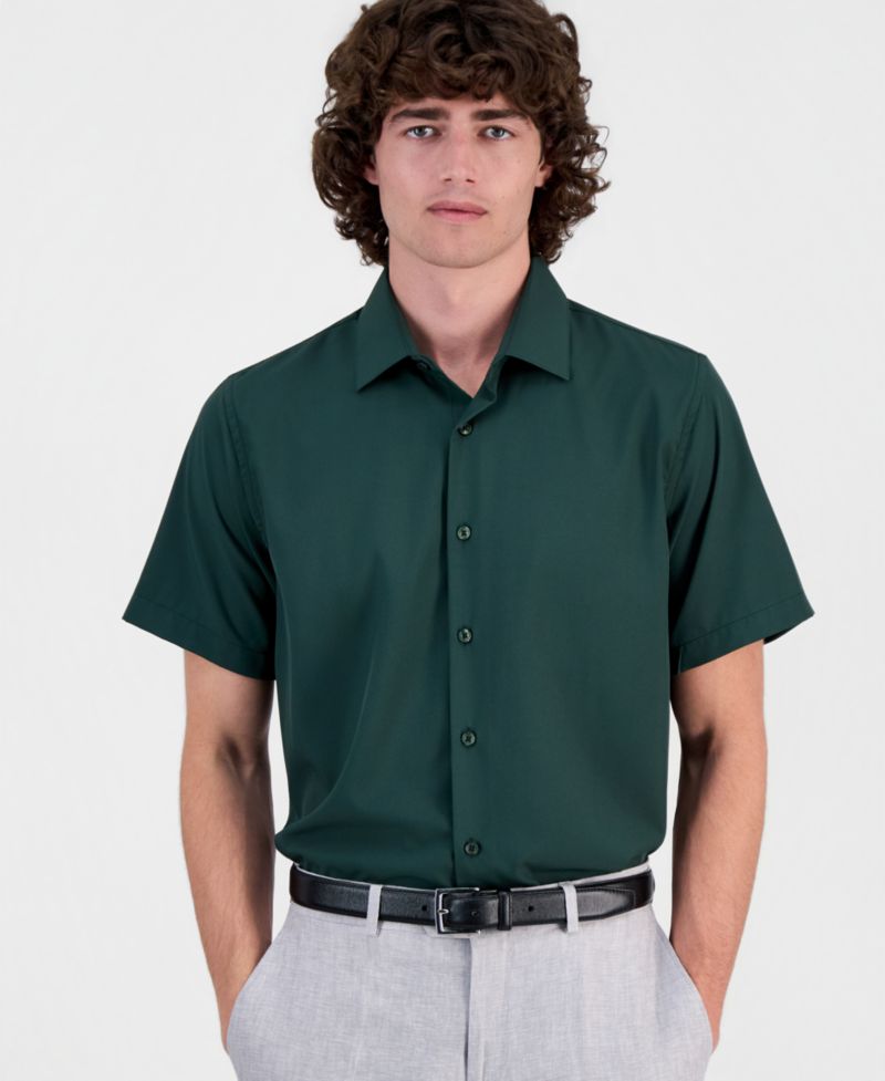 Men's Slim-Fit Four-Way Stretch Solid Short-Sleeve Dress Shirt