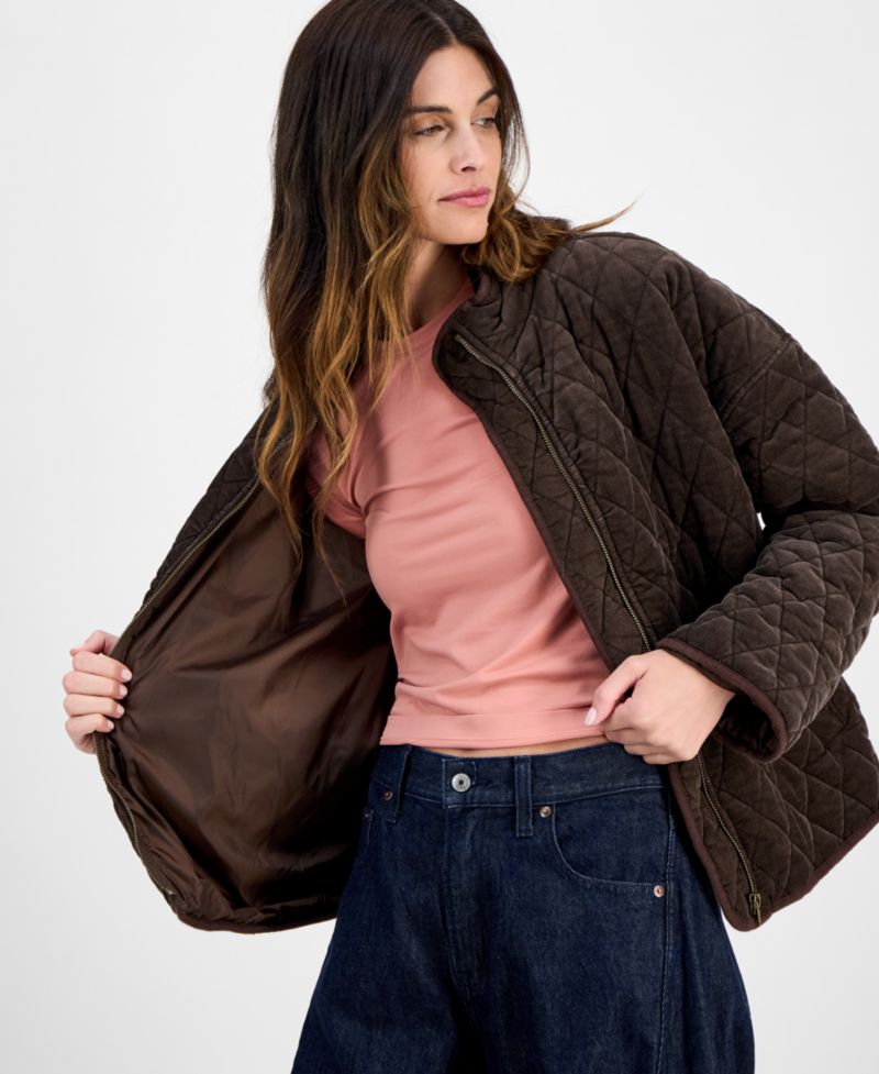 Juniors' Quilted Corduroy Zip-Front Coat