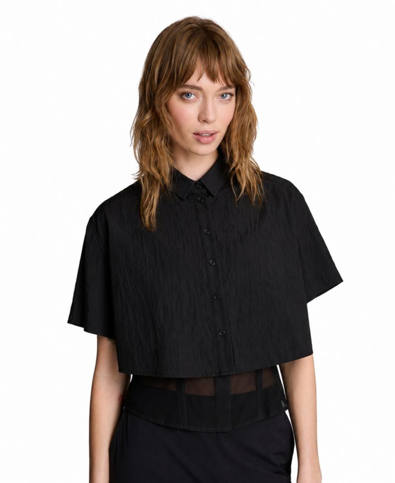 Women's Short Sleeve Cropped Boxy Button-Down Shirt with Corset Underlayer