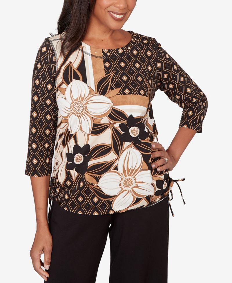 Women's Seville Floral Geometric Patchwork Side- Tie Crewneck Top