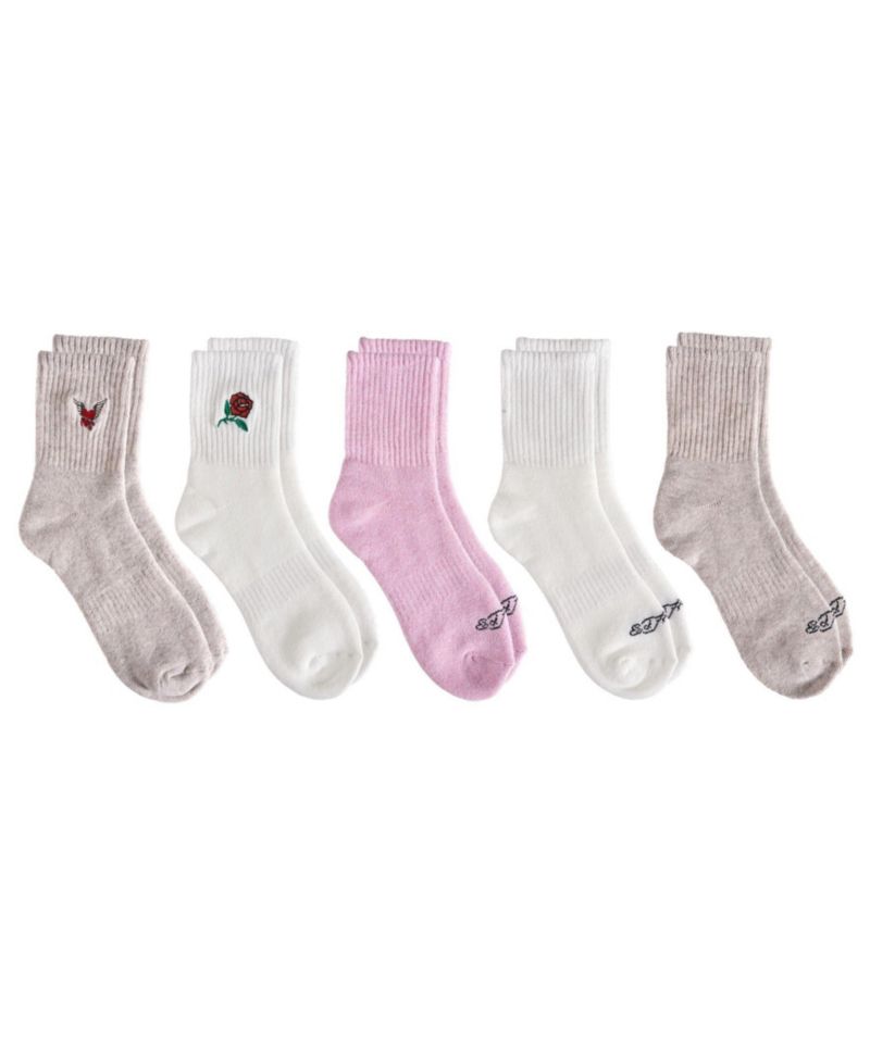 Women's Rose and Bird Embroidery Full Cushion Mid Crew Socks, 5-Pack