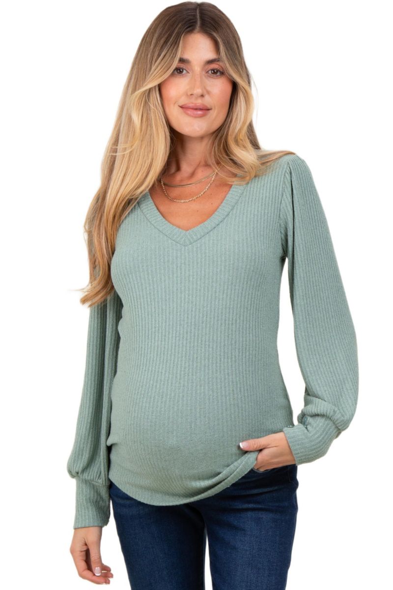Women's Light Olive Ribbed Knit V-Neck Button Cuff Top
