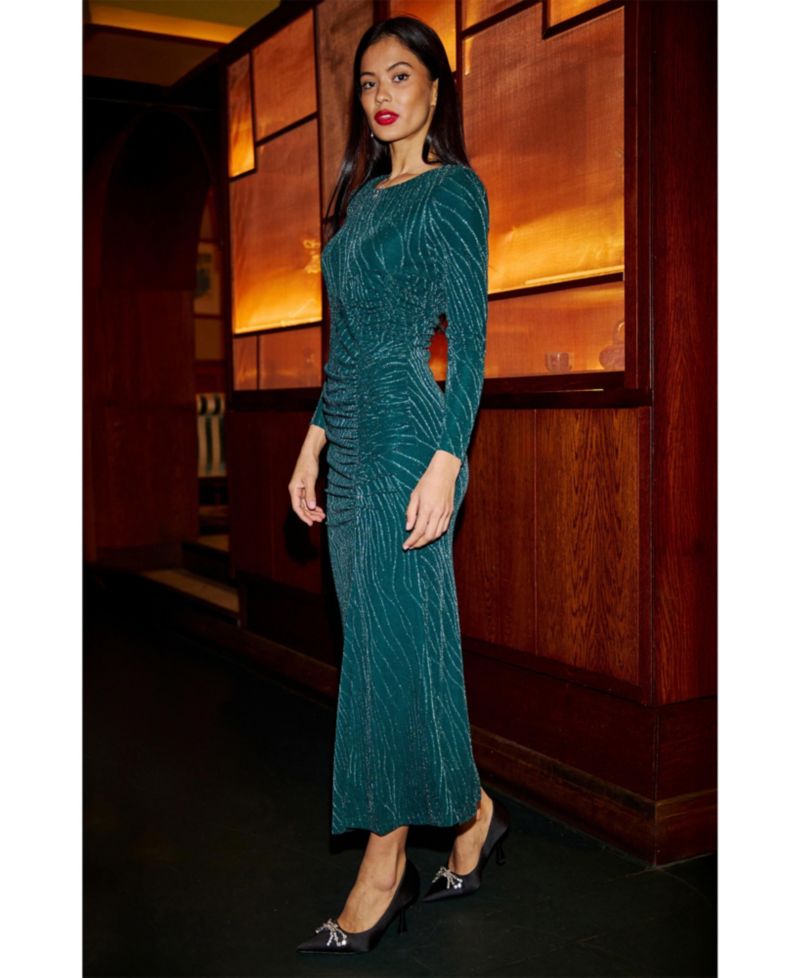 Women's Mesh Fitted Ruched Midi Dress