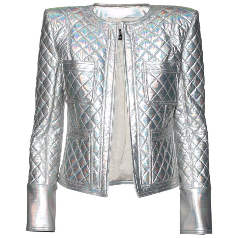 Women's Silver Holographic Quilted Open Front Jacket