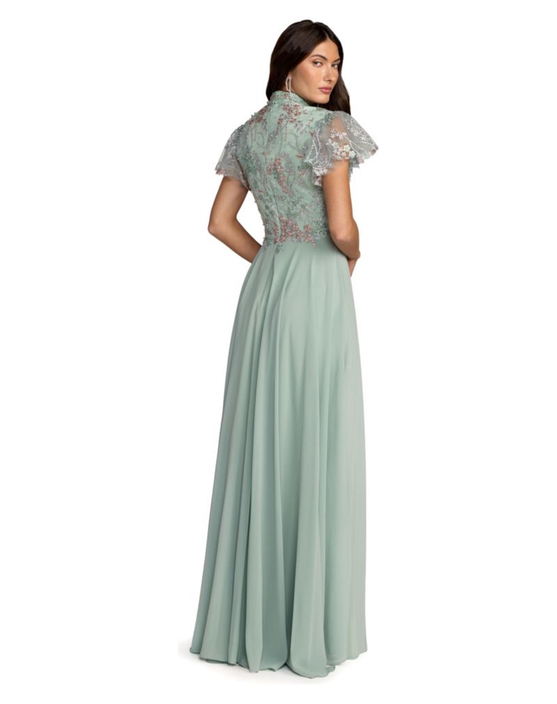 Women's Embroidered Top Chiffon Skirt Ruffle Sleeve Gown