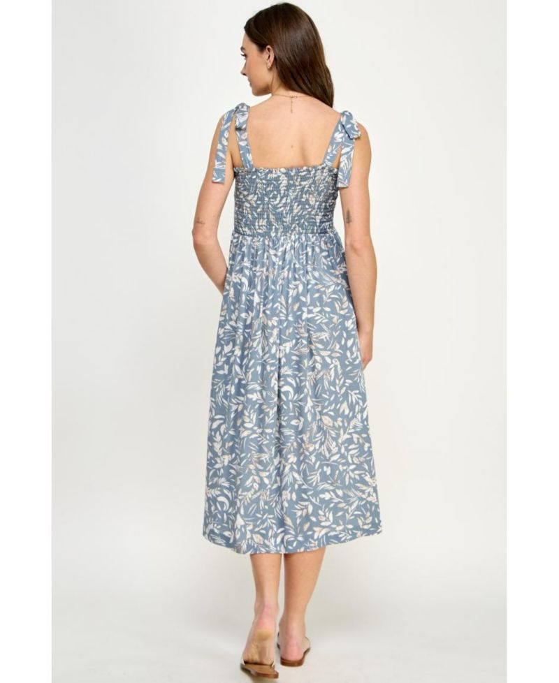 Women's Floral Smocked Sleeveless Tie-Shoulder Midi Dress