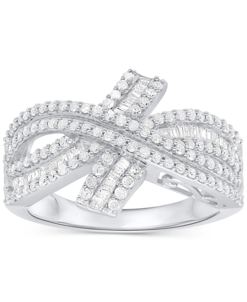Diamond Round & Baguette Crossover Ring (3/4 ct. t.w.) in Sterling Silver
